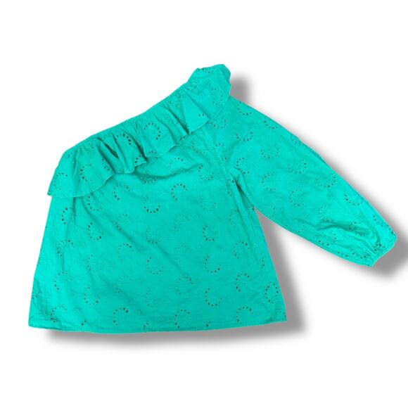 177. ENTRO | Eyelet One Sleeve Green Ruffle Blouse Size Large - Picture 3 of 7